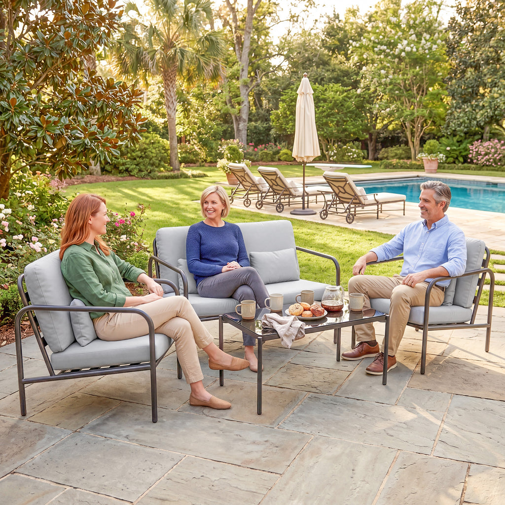 Outsunny 4-Piece Steel Garden Lounge Set with 2-Seater Sofa, 2 Armchairs and Coffee Table, Light Grey