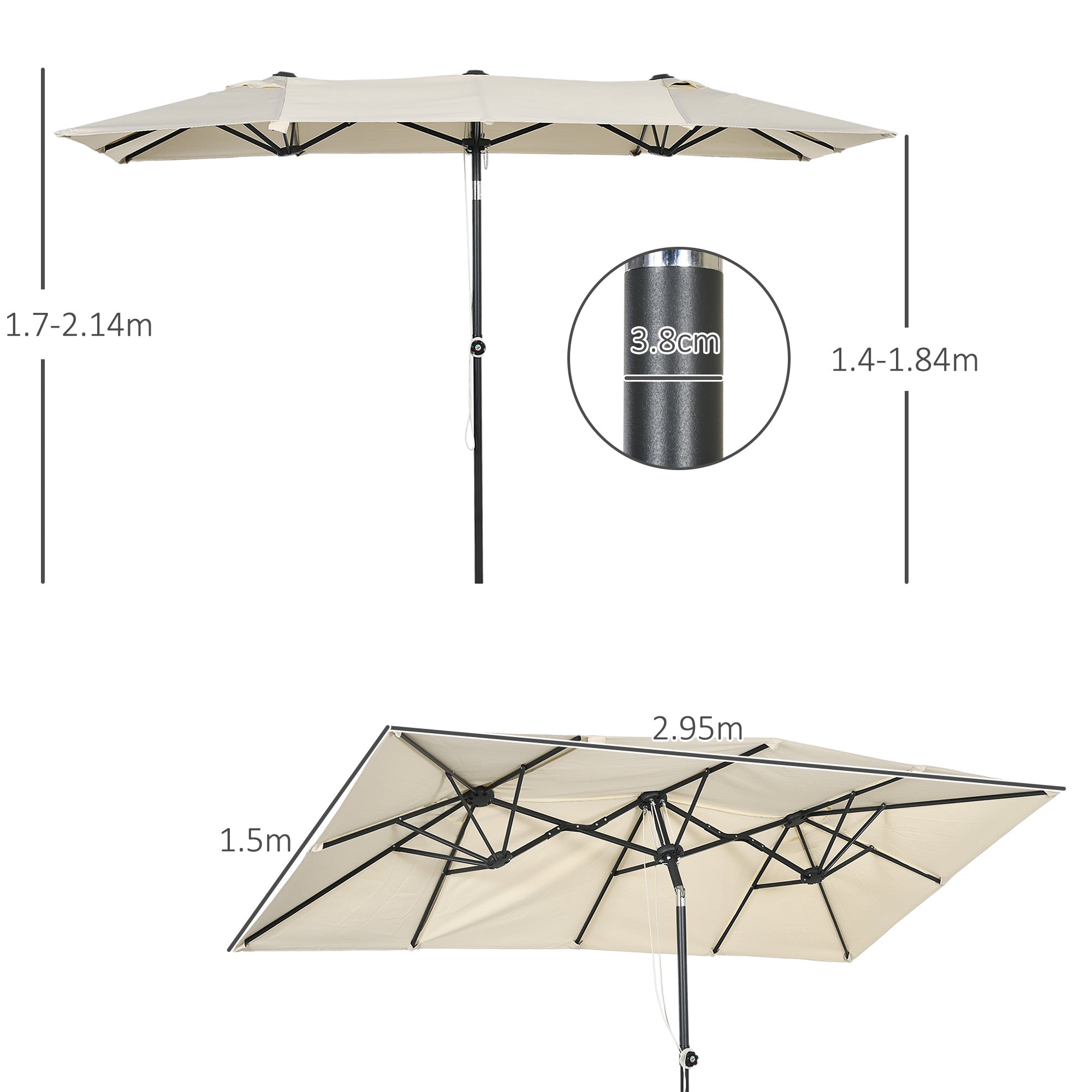 Double Tilting and Adjustable Umbrella with Cord, in Polyester and Metal, 150x295x170-214 cm, Cream