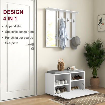 Hallway Furniture Set with Coat Rack, Mirror, Bench with Cushions and Shoe Rack for 8 Pairs of Shoes, White