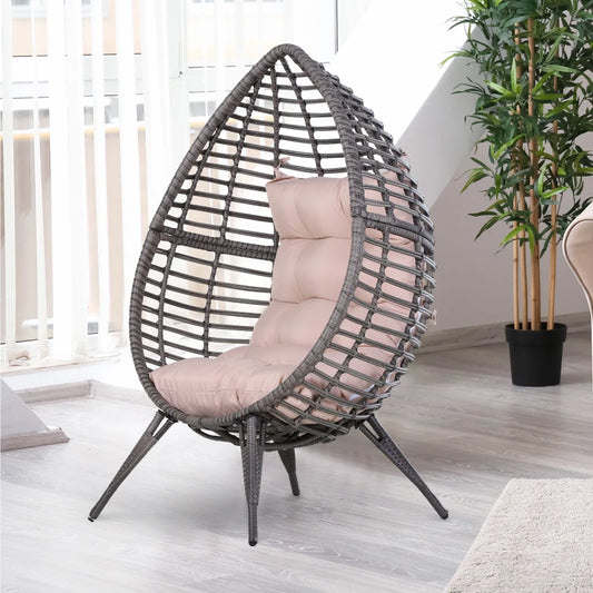 DROPPA | Outdoor Beige Drop Shape Lounger in Rattan with Grey Cushion (101x89x156cm) - Borgè