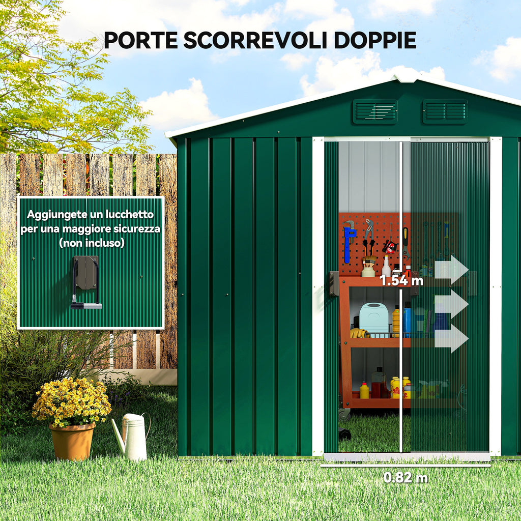 3.6m² Steel Sheet Garden Shed with 2 Sliding Doors and 4 Air Vents, 236x174x190cm, Green