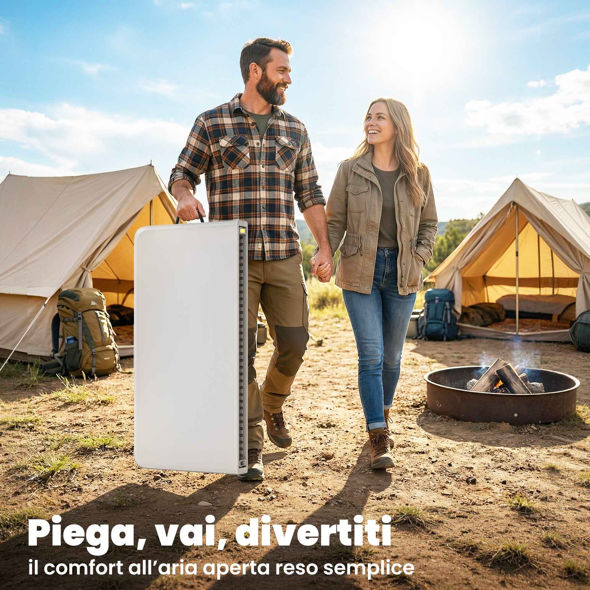 Outsunny Folding Square Camping Table in Metal and HDPE, 86x86x74 cm, White