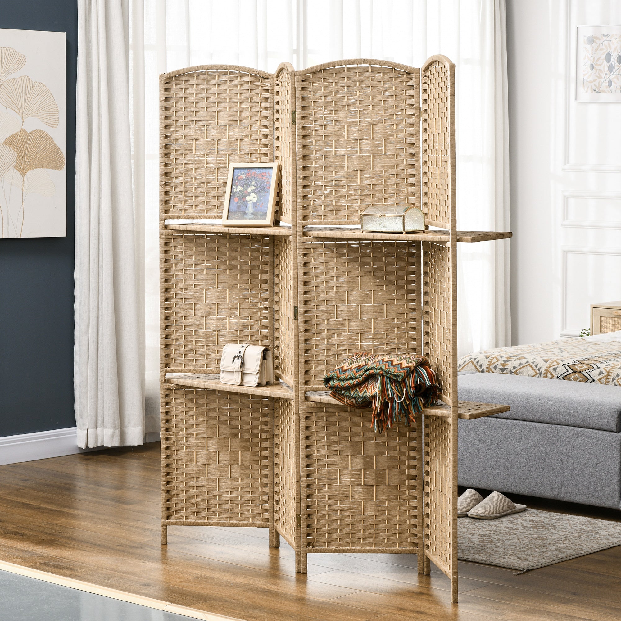 4-Panel Folding Room Divider with Shelves 160x170cm, Natural Color