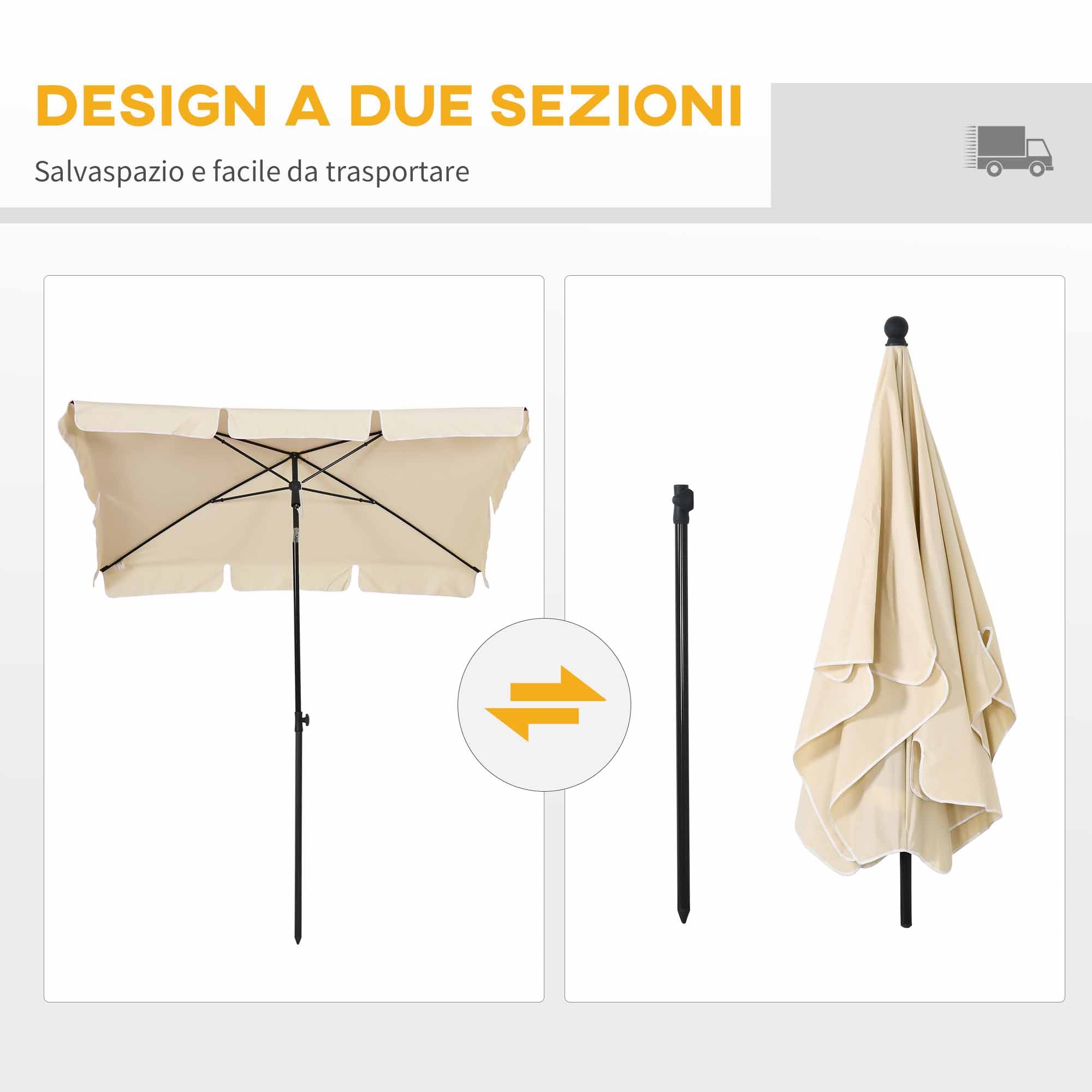 Rectangular and Adjustable Garden Umbrella with Aluminum Pole, 2x1.3x2.5 m, Beige