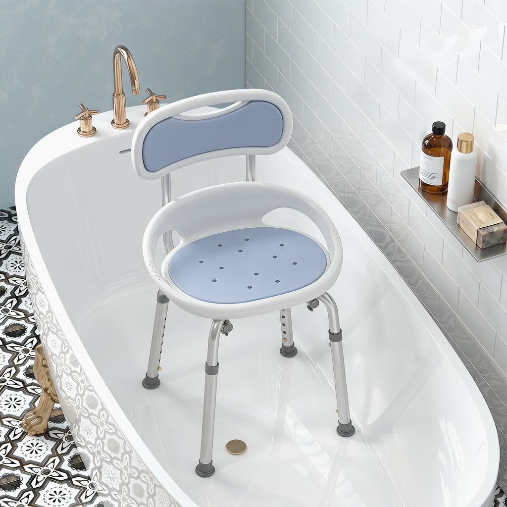 HOMCOM Shower Chair with Backrest and Perforated Seat, 8 Adjustable Heights, Non-Slip, Load Capacity 136kg, Blue