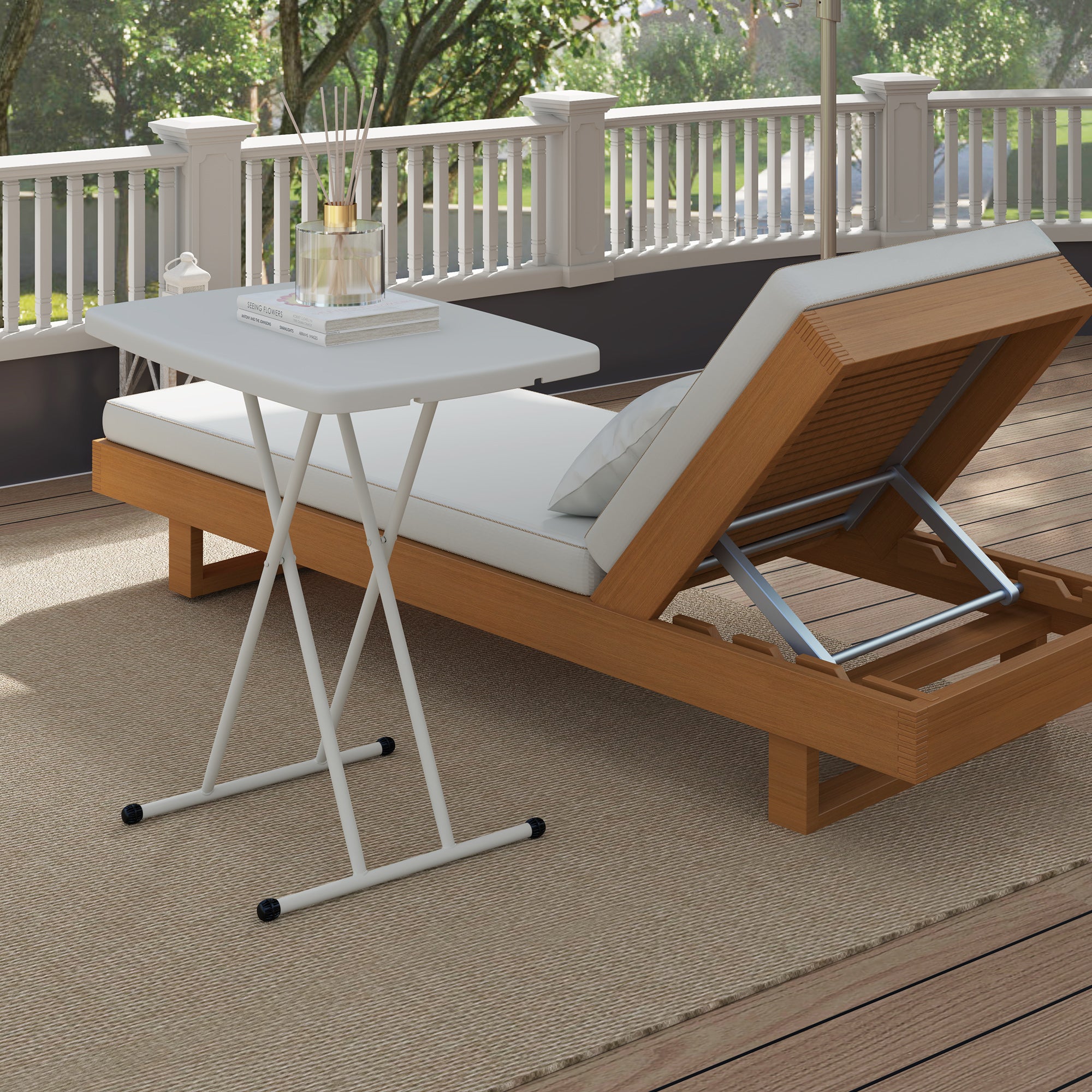 Folding Garden Coffee Table with Adjustable Height, Metal and HDPE, White