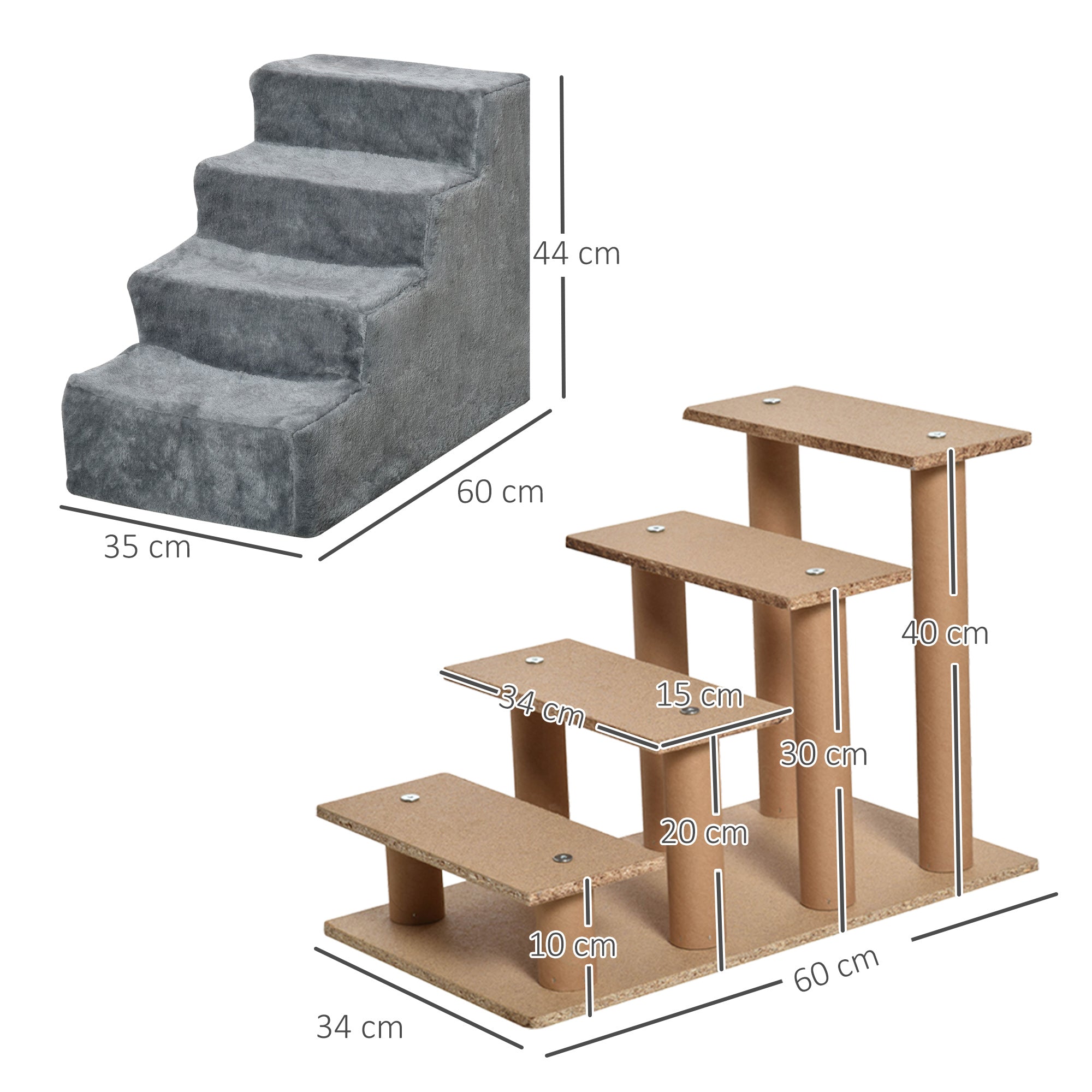 Portable 4-Step Dog Stairs, Removable Flannel and Chipboard, 60x35x44 cm, Grey