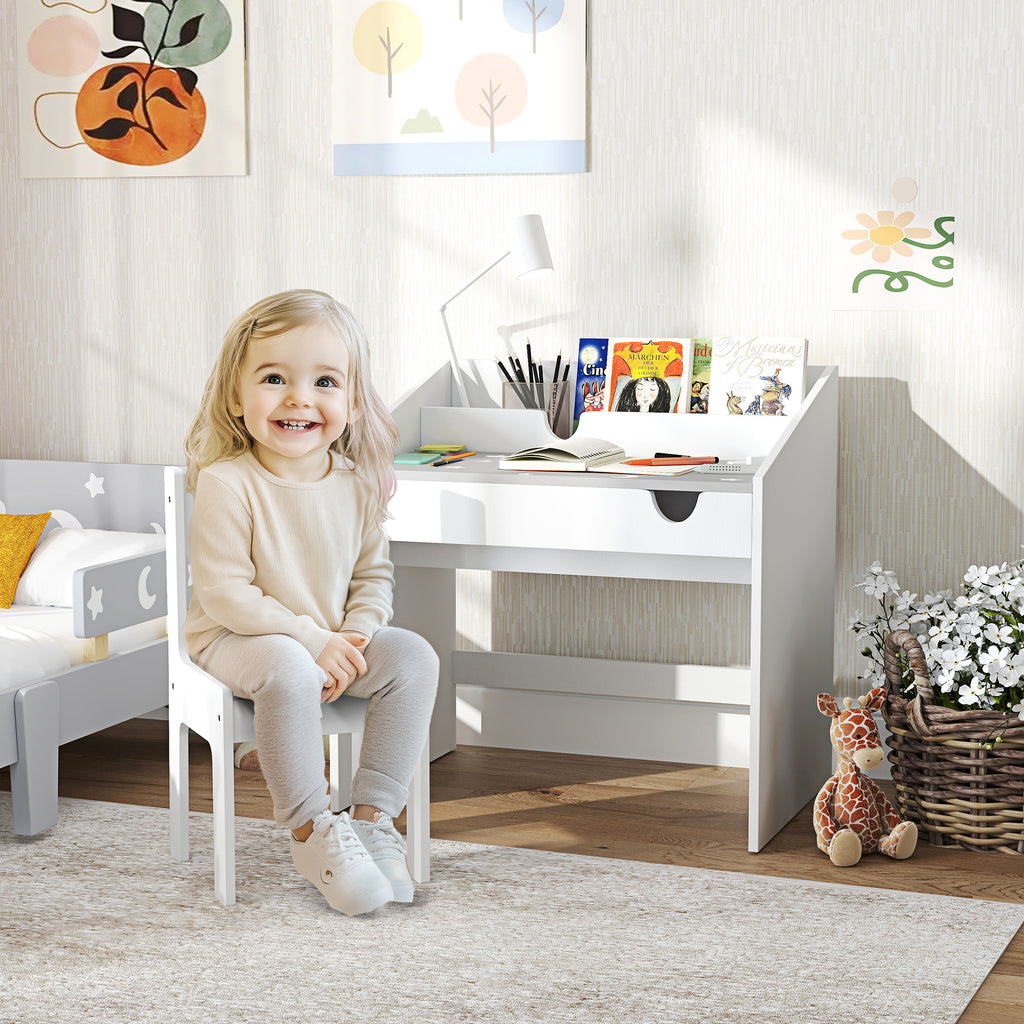 Children's Chair and Table Set for 3-6 Years Old with Organizer and Pull-Out Drawer, Grey Wood