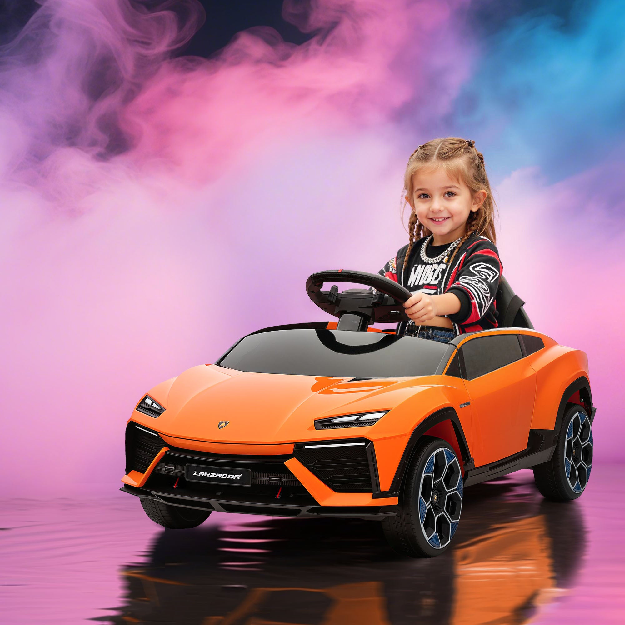 Electric Ride-On Car for Kids with Horn and Remote Control, MP3 Player, USB/AUX, LED Lights, Lamborghini License, Orange