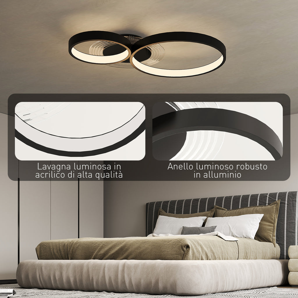 Modern 3-Ring LED Ceiling Light with Adjustable Brightness, 40W Power, Black