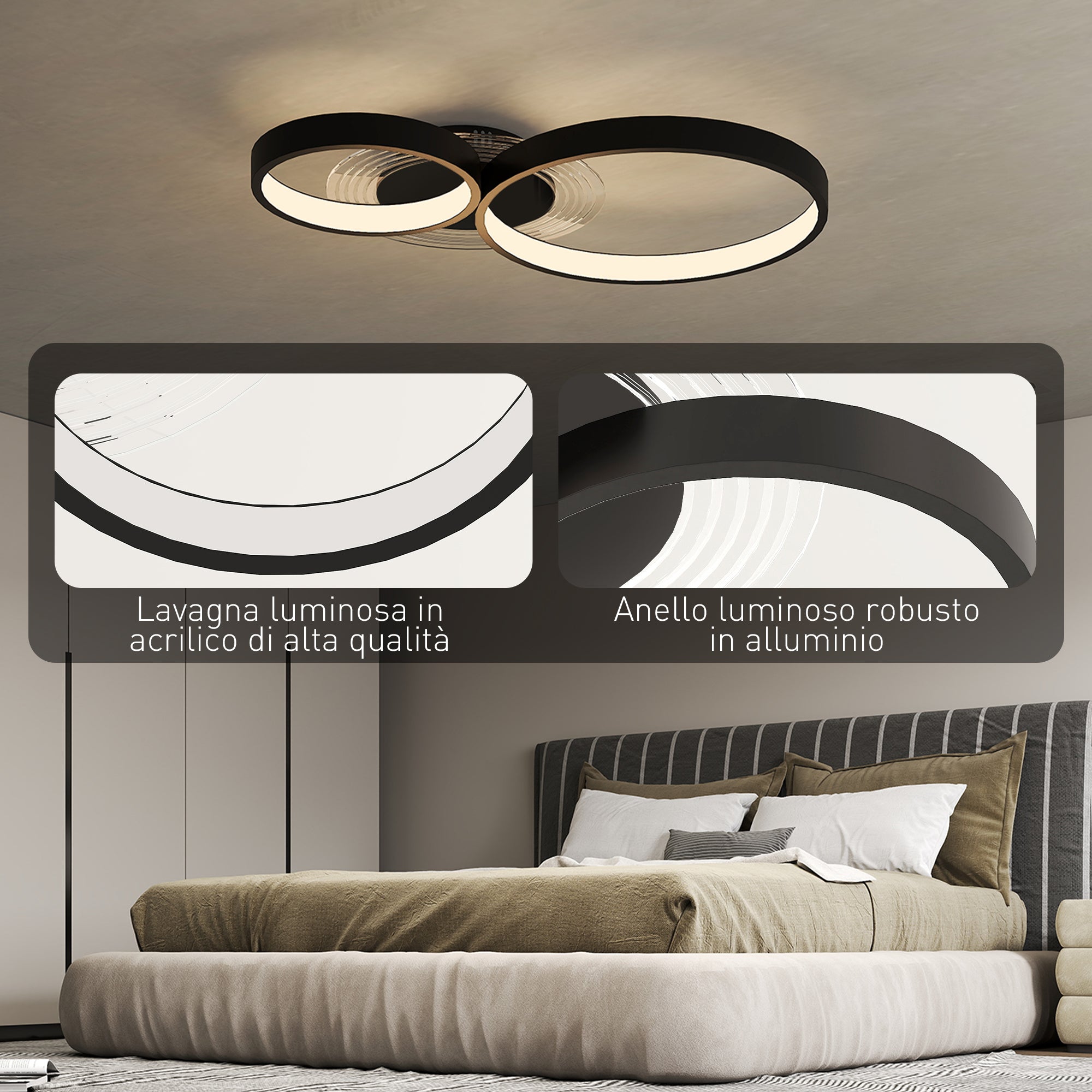 Modern 3-Ring LED Ceiling Light with Adjustable Brightness, 40W Power, Black
