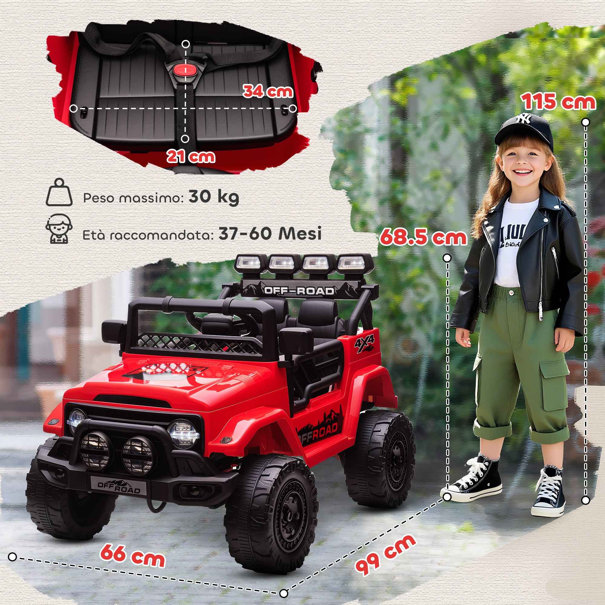 AIYAPLAY Children's Off-Road Vehicle with Lights, Horn, Belt and Remote Control, Made of PP and Metal, 99x66x68.5 cm, Red