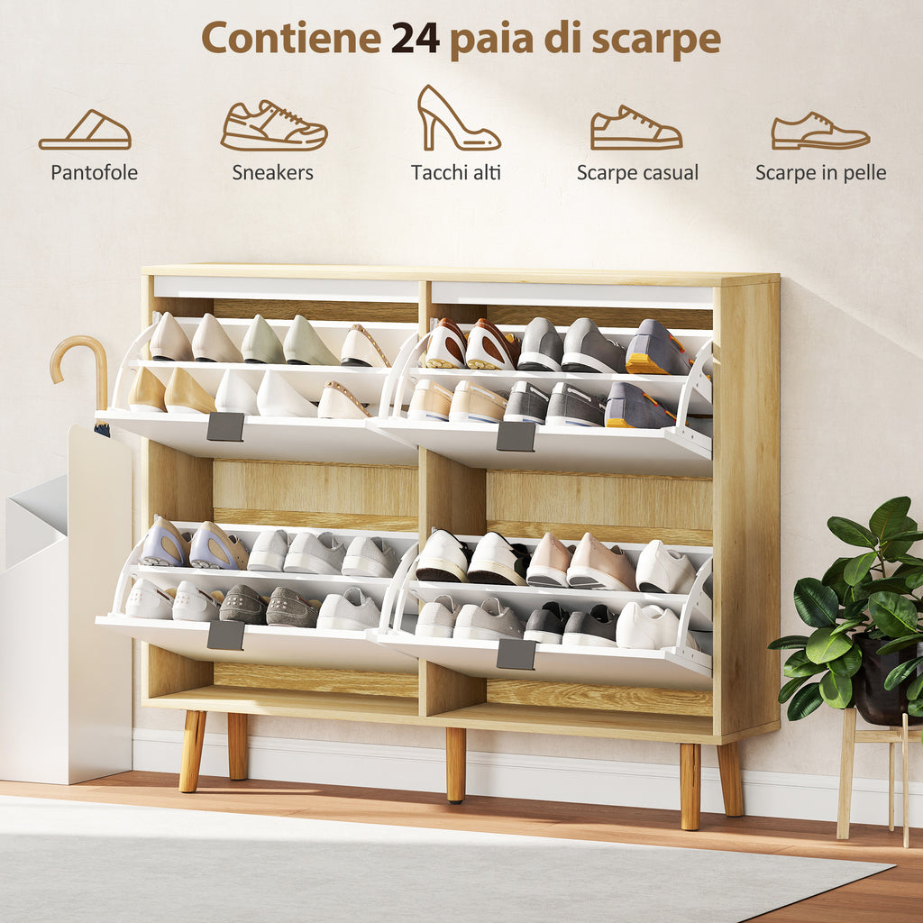 Slim Modern Shoe Rack with 4 Tilting Drawers for 20 Pairs of Shoes, 105x24x92.5 cm, White