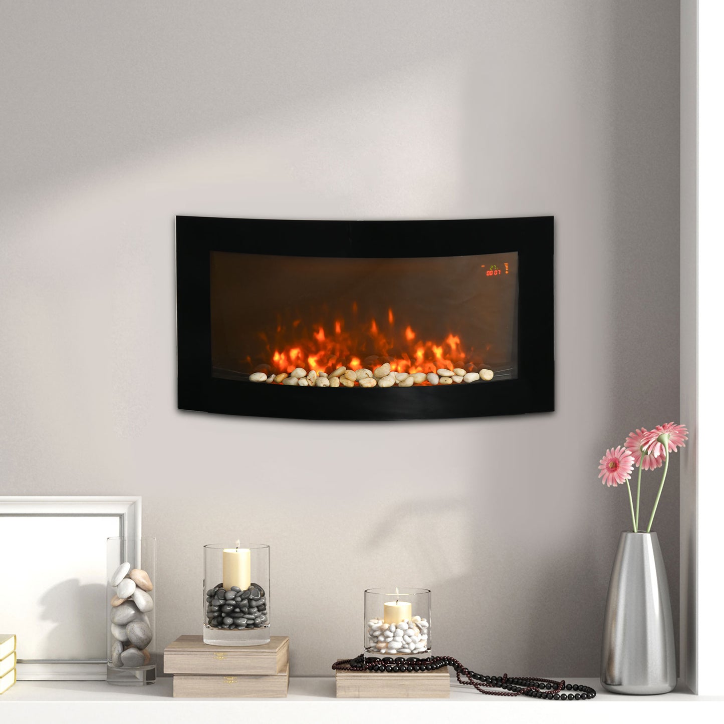 Electric Fireplace Wall and Built-in with 7-Color LED Light, Power 1000/2000W and Temperature 15-30°C, Black