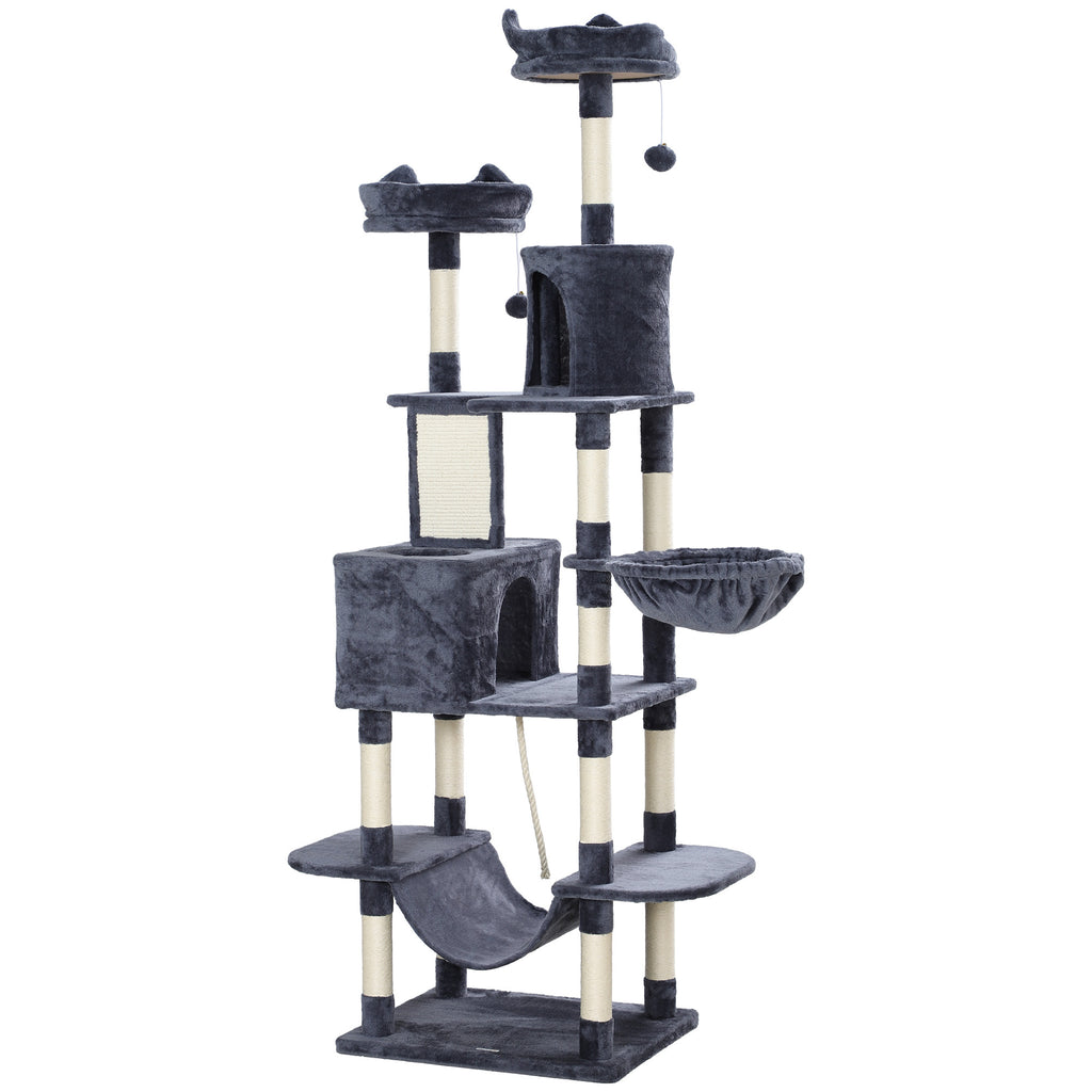 PawHut Cat Scratching Post, 206cm Tall, with 4 Scratching Posts, Caves, Baskets, Hammocks, for 1-3 Kittens 6kg, Dark Grey