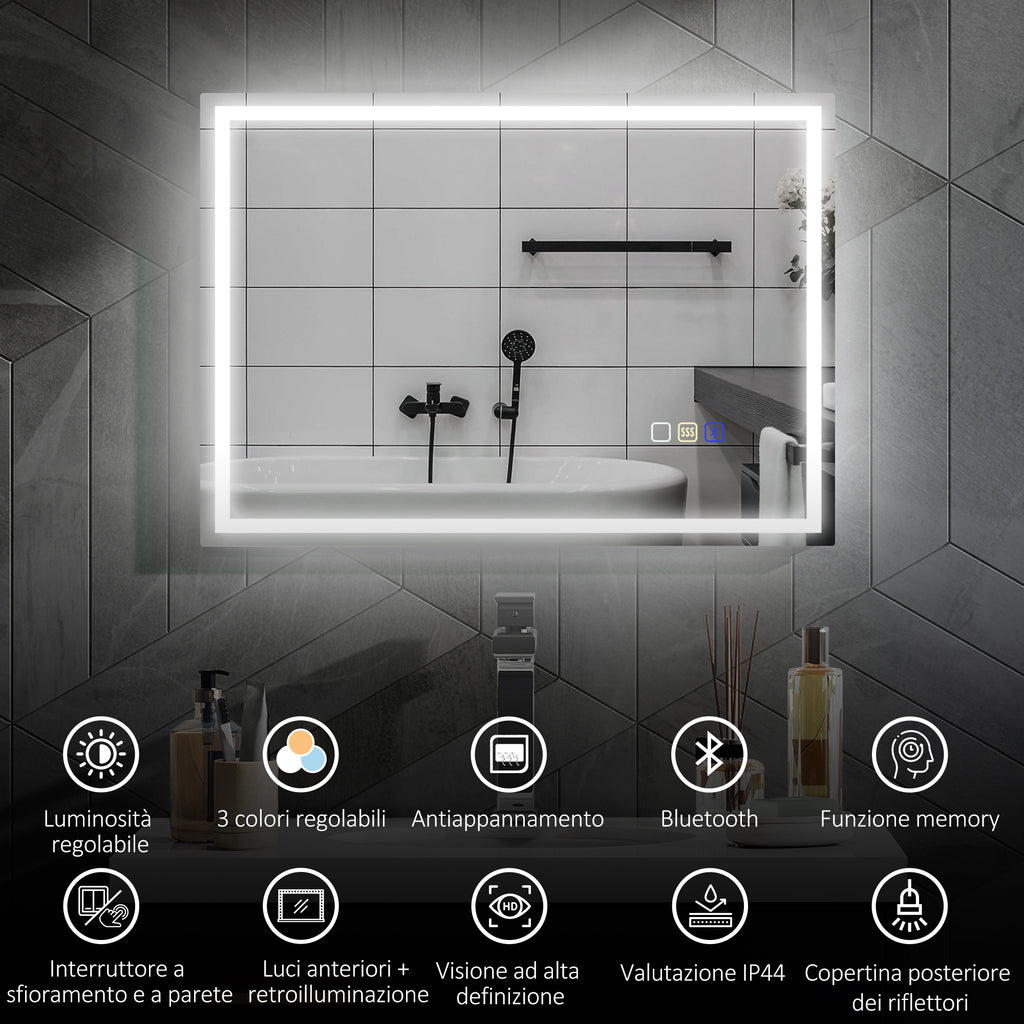 Anti-Fog Bathroom Mirror with Adjustable LED Light, Bluetooth Speaker, Touch Buttons, 50x70 cm