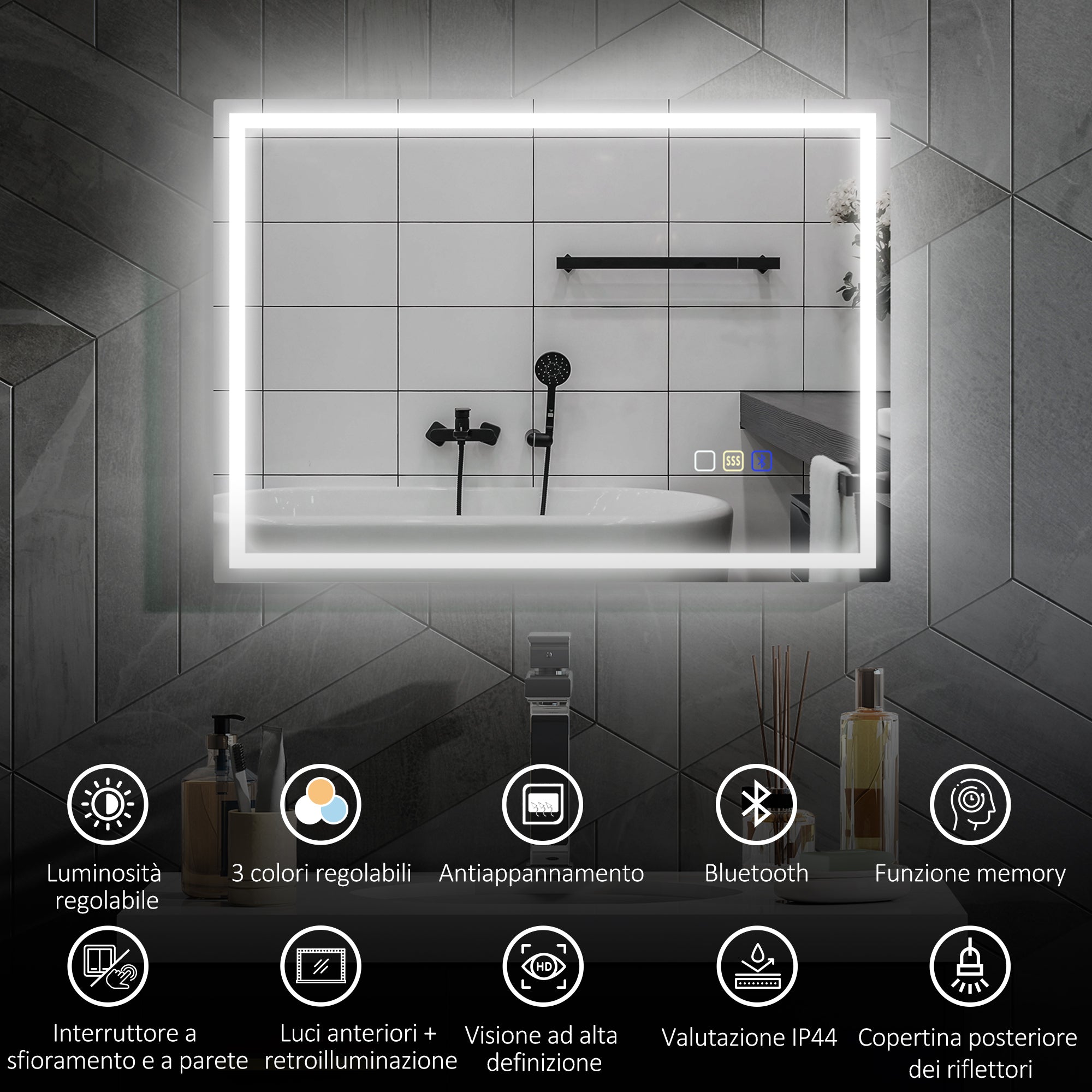 Anti-Fog Bathroom Mirror with Adjustable LED Light, Bluetooth Speaker, Touch Buttons, 50x70 cm