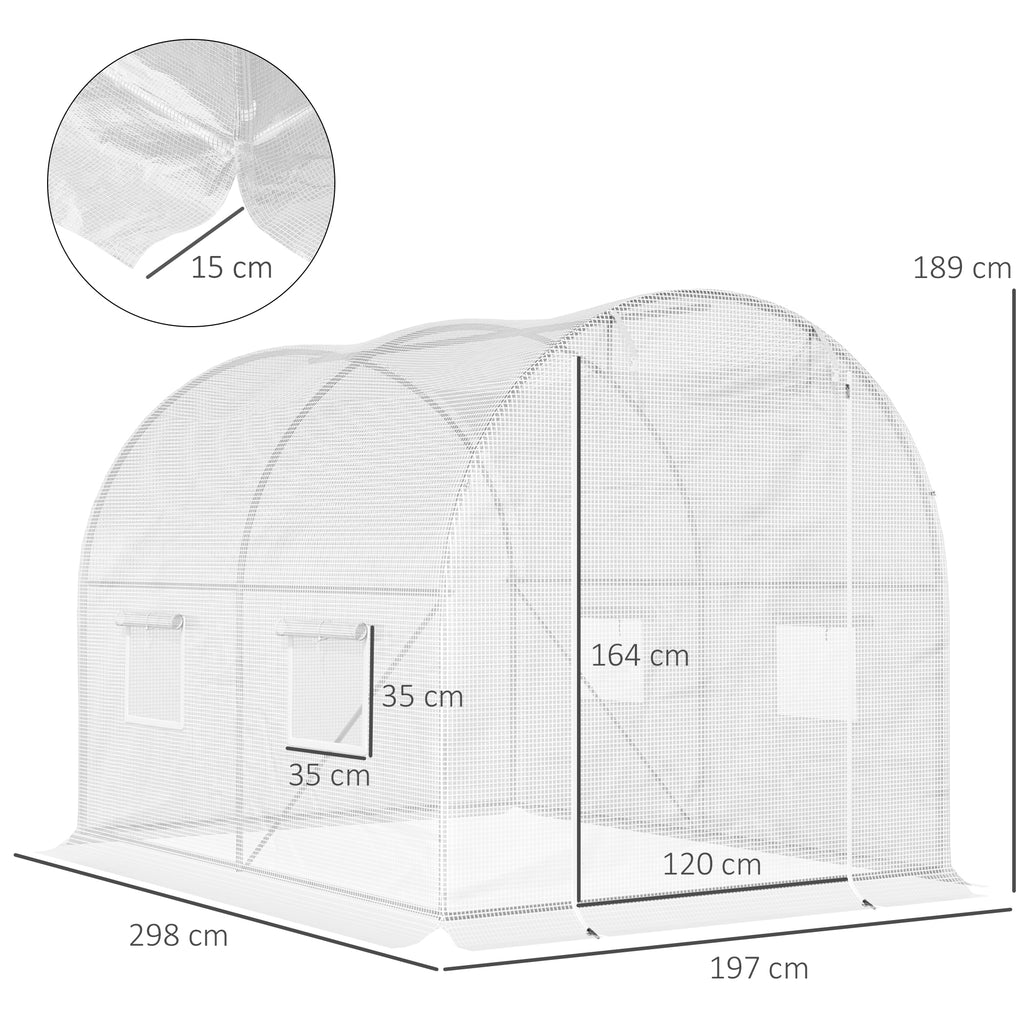 Tunnel Greenhouse with 4 Windows and Zip Entrance in Galvanized Steel and PE, 3x2x1.9 m, White