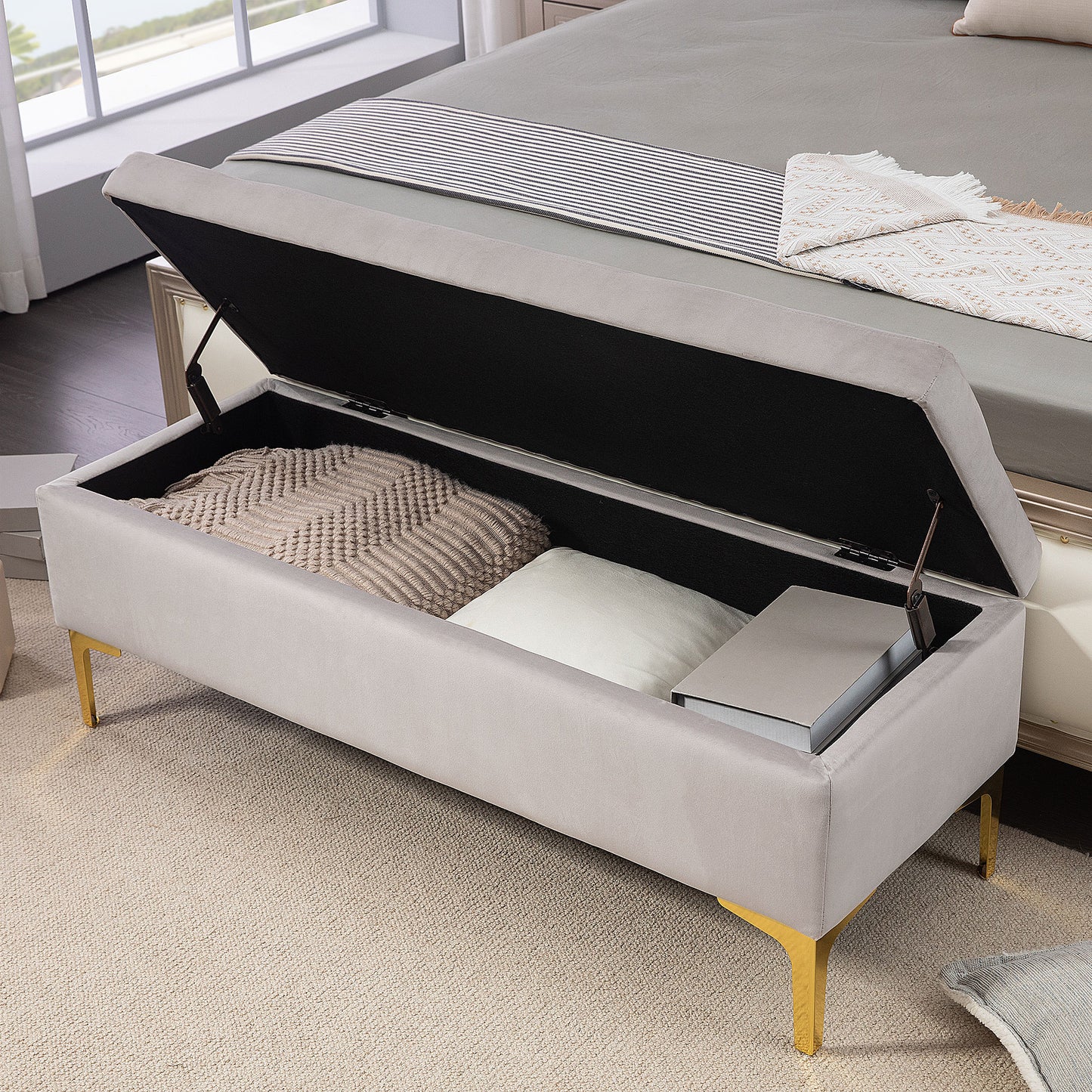 Ottoman Storage Bench with Velvety Fabric and Golden Legs, 120x44x44.5cm, Light Grey - Borgè