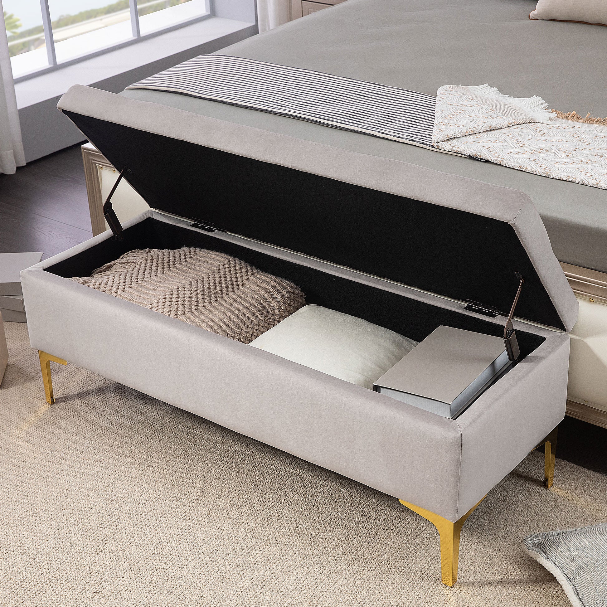 Ottoman Storage Bench with Velvety Fabric and Golden Legs, 120x44x44.5cm, Light Grey - Borgè