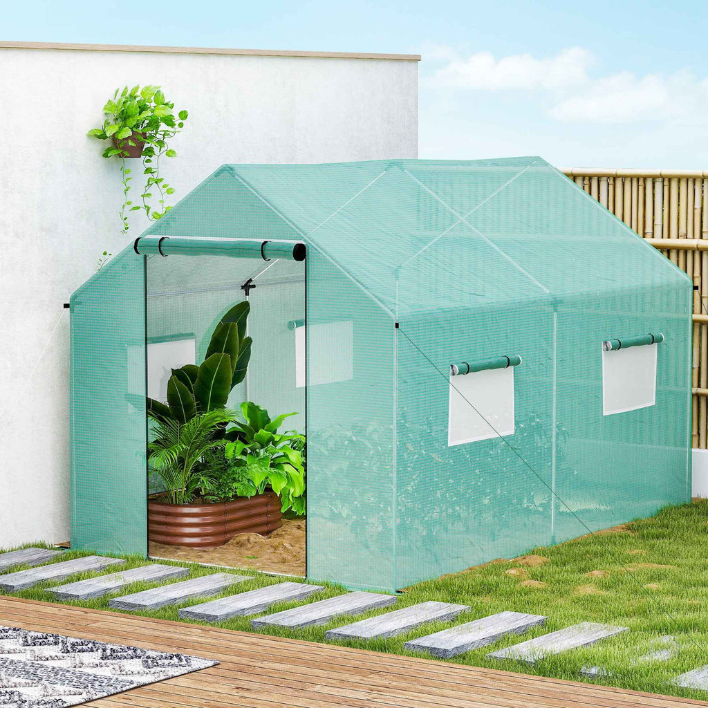 Outsunny 2x3x2 m Tunnel Greenhouse with Roller Doors and Windows and Pointed Roof, in Steel and PE, Green
