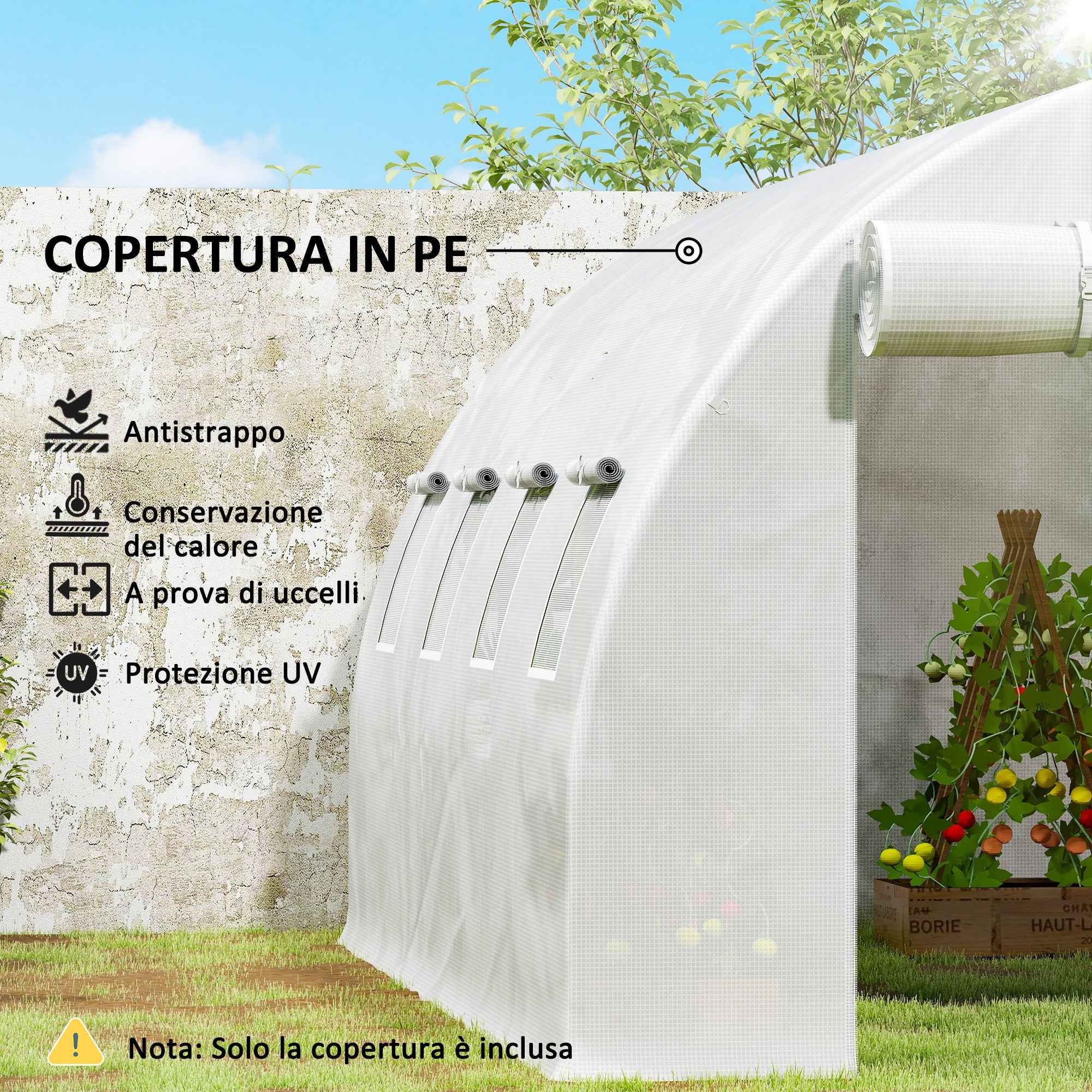 Outsunny PE Greenhouse Cover with 8 Windows, Roll-Up Door and Buried Edges, 4x3x2 m, White
