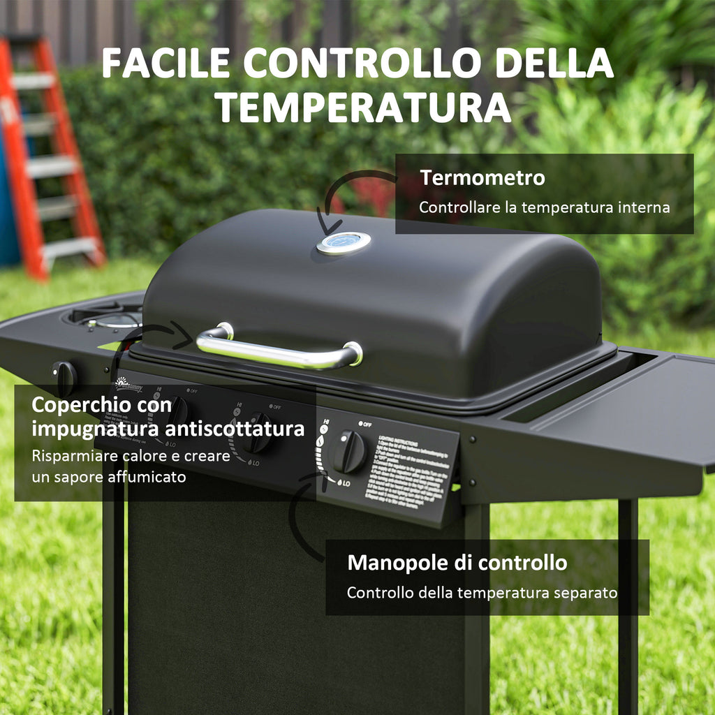 Gas Barbecue with 4 Independent Burners and Lid with Thermometer, 108x54x97 cm, Black