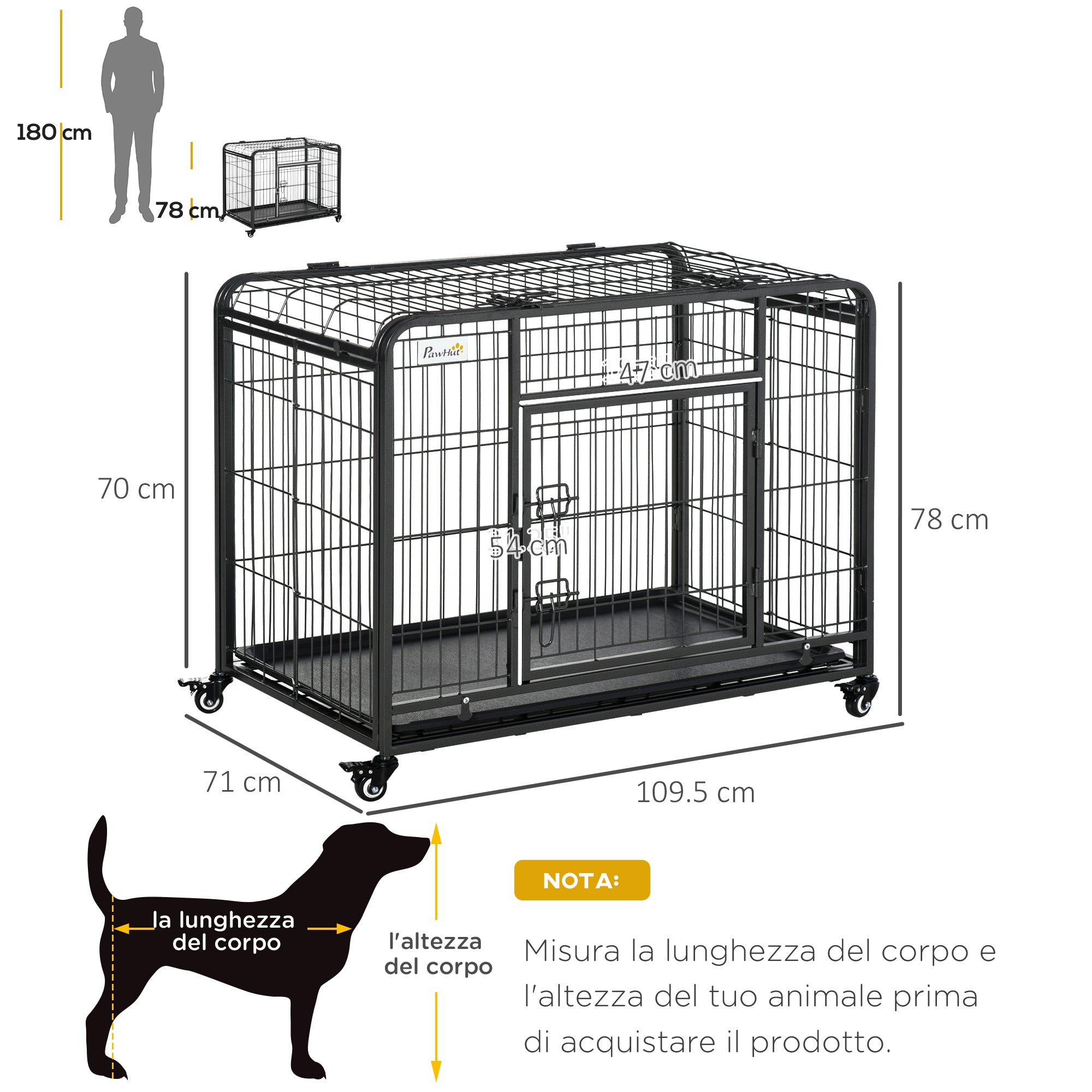 Kennel Folding Double Door Dog Cage with Lock, 4 Wheels with Brake and Removable Bottom, 109.5x71x78cm