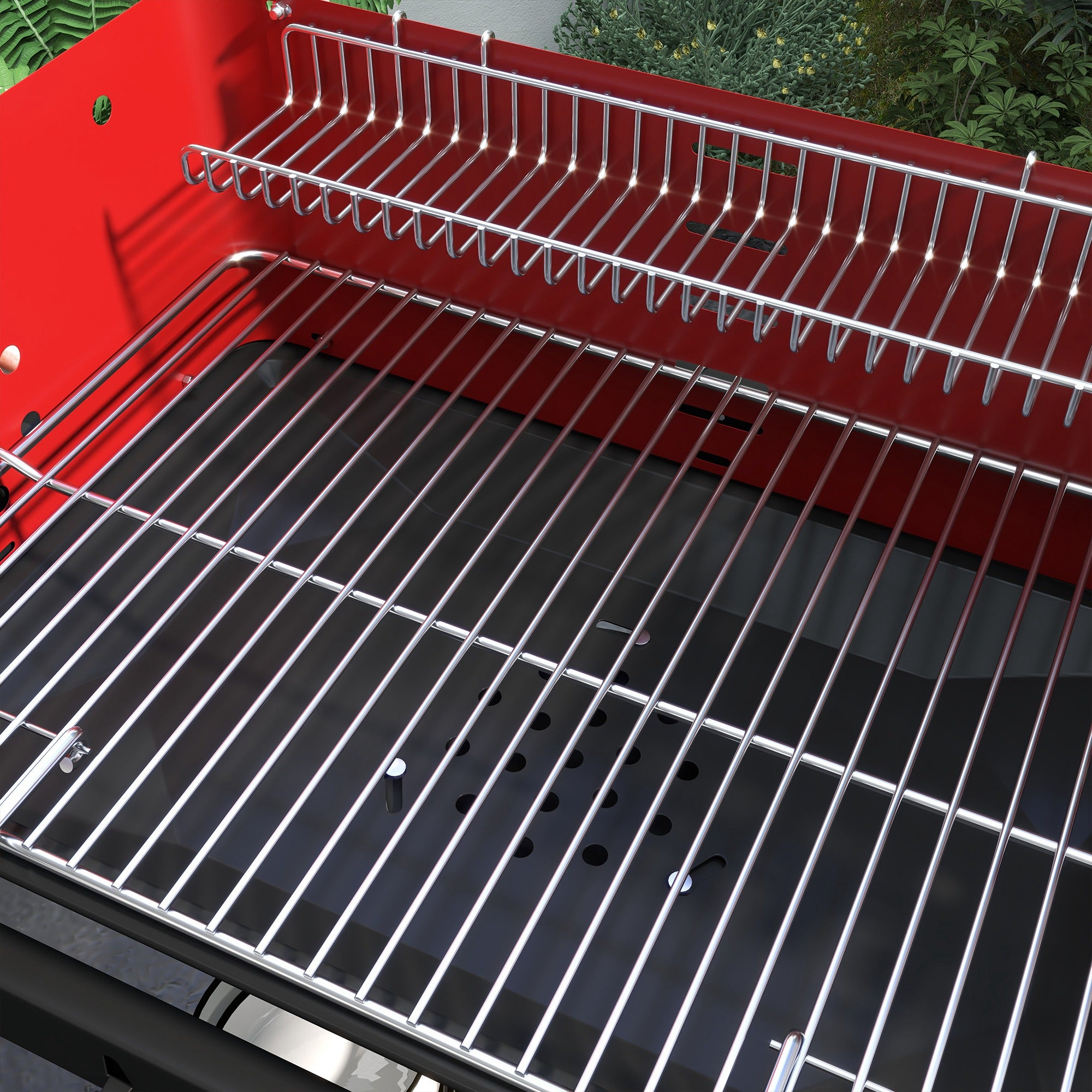 Charcoal Barbecue with Adjustable Grill and 3 Wooden Metal Shelves, 103x47x95 cm, Red