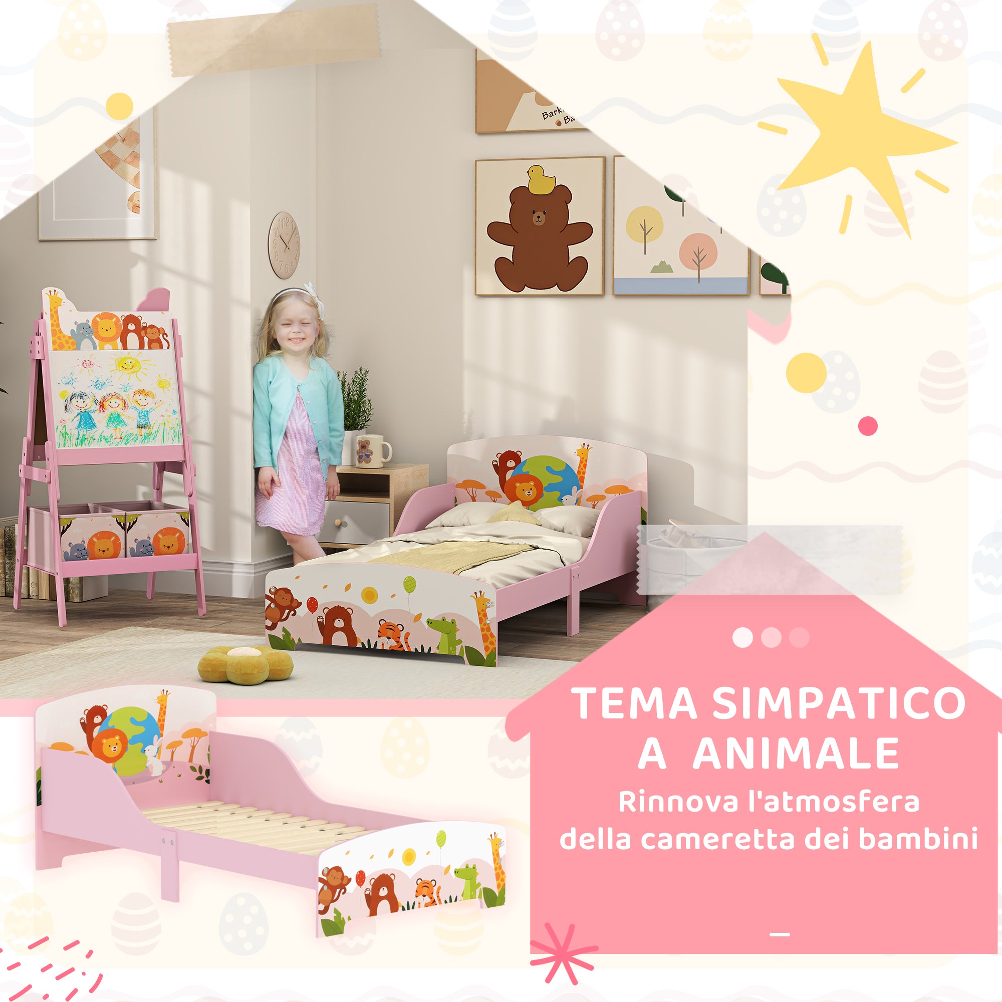 Wooden Cot for Children 3+ Years with Raised Edges and Safety Rails, 143x77x60 cm, Pink