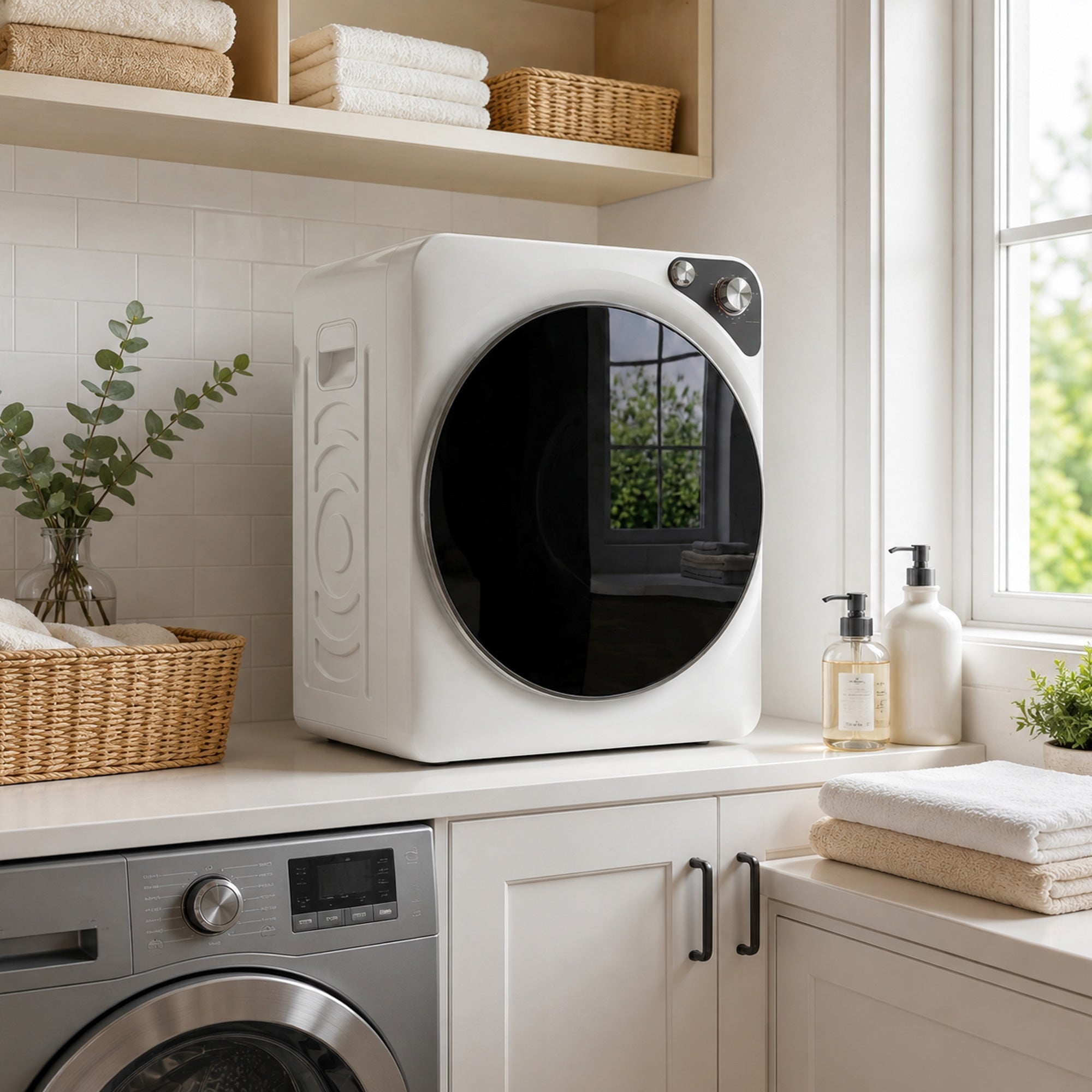 HOMCOM 1000W Portable Dryer with 5 Programs and Timer, in PCM and Stainless Steel, 49x43x61 cm, White