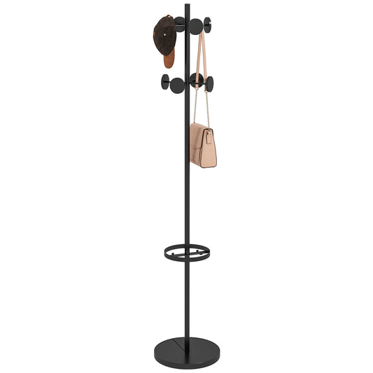 HOMCOM Floor Coat Hanger with Umbrella Holder and 8 Metal Disc Hooks Ø34 x 177cm, Black - Borgè