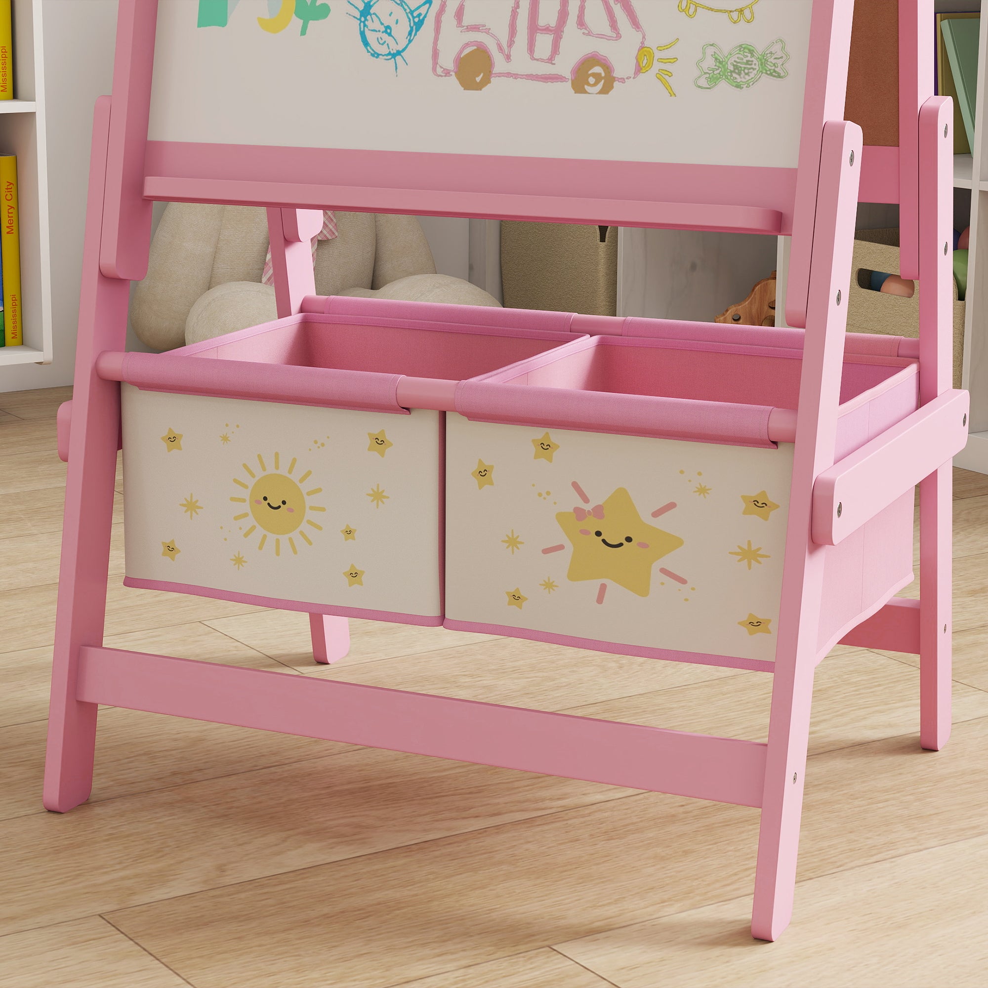 3-in-1 Children's Chalkboard with Easel, Paper Roll and 2 Baskets, Wooden, 54x46x94 cm, Pink