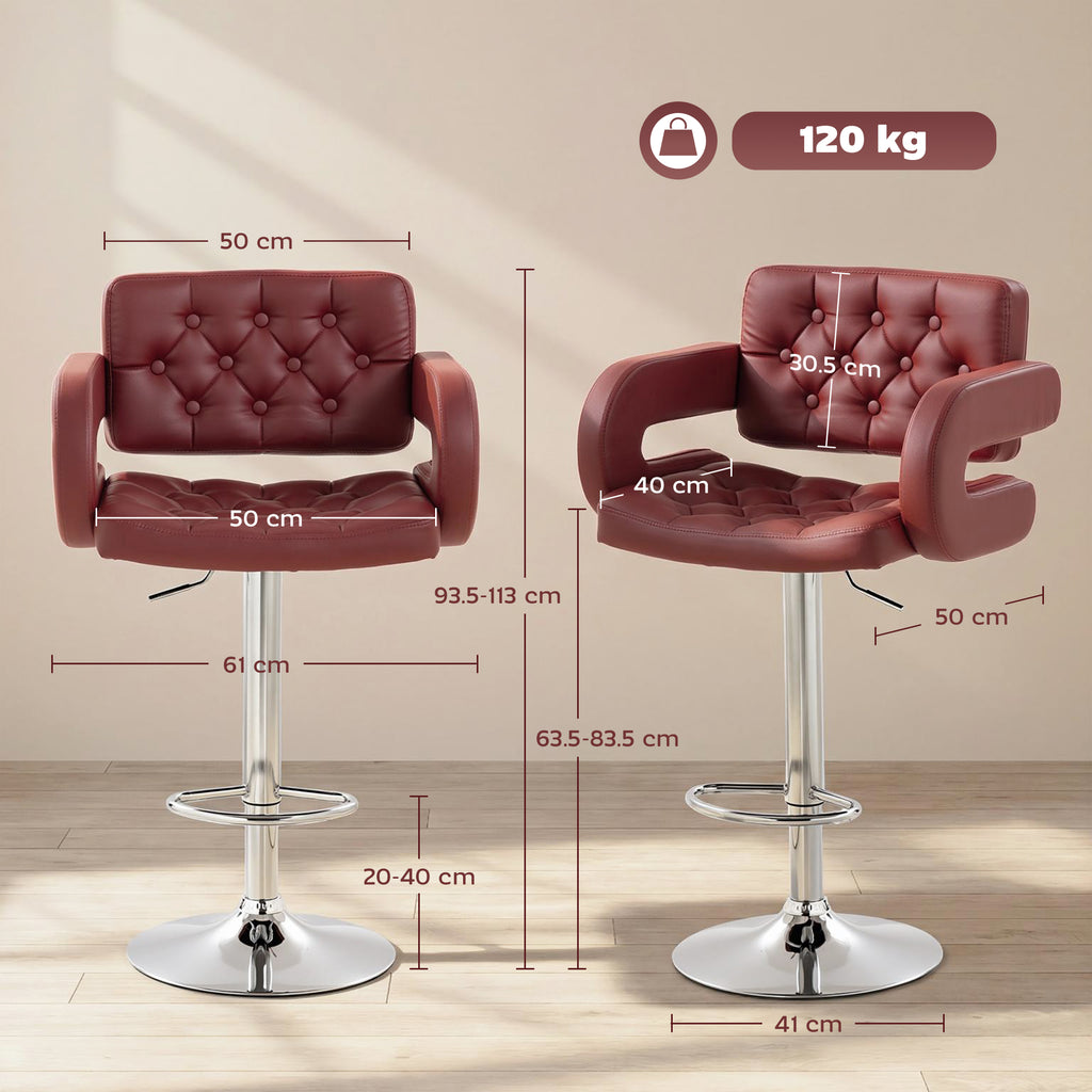 Bar Stool with Backrest and Armrests, Adjustable Height and Footrest, Faux Leather Red