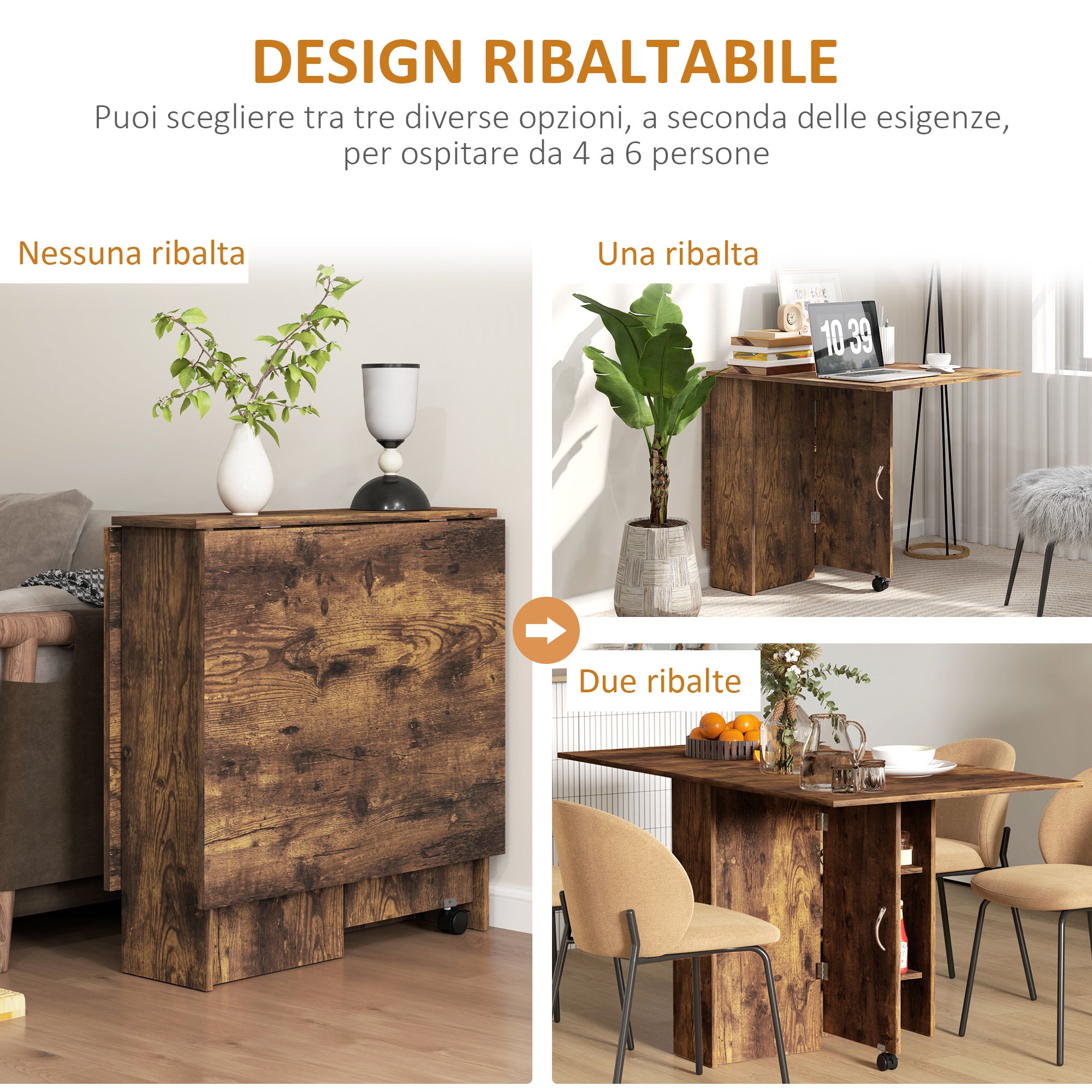 HOMCOM Folding Drop-Leaf Dining Table for 6 People with 2 Open Shelves and Lockable Castors, Brown