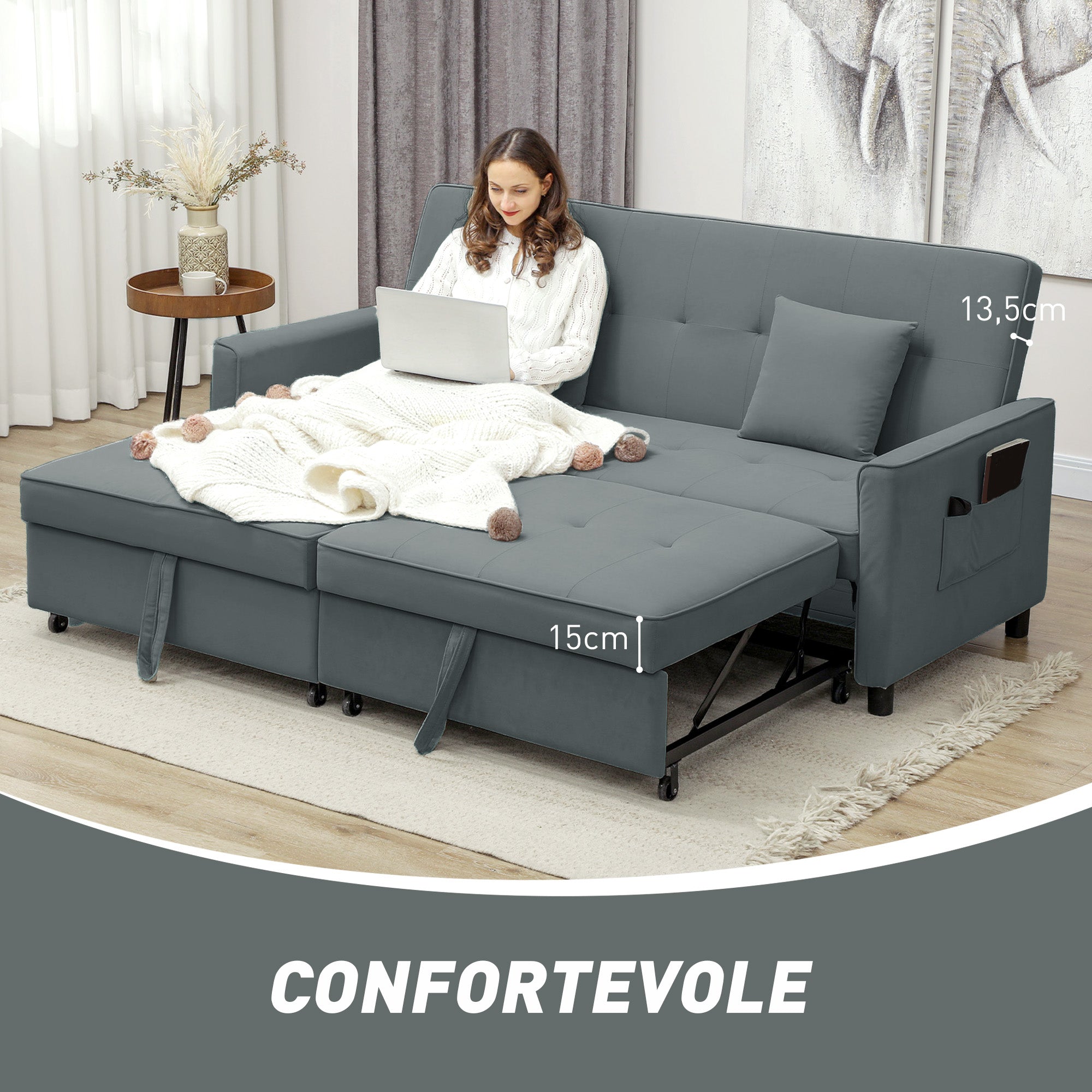 Clic Clac 3-Seater Sofa Bed with Reclining Backrest and 2 Cushions, 196x90x89 cm, Grey