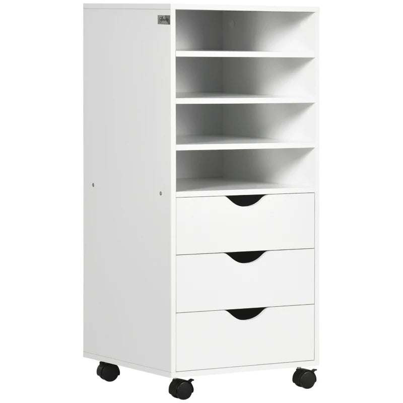 Office Drawer Unit with 4 Wheels 4 Shelves 3 Drawers, MDF Wood Document Cabinet, 38x40x86.8 cm, White
