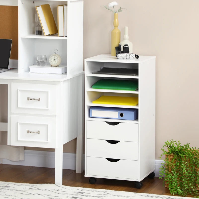 Office Drawer Unit with 4 Wheels 4 Shelves 3 Drawers, MDF Wood Document Cabinet, 38x40x86.8 cm, White