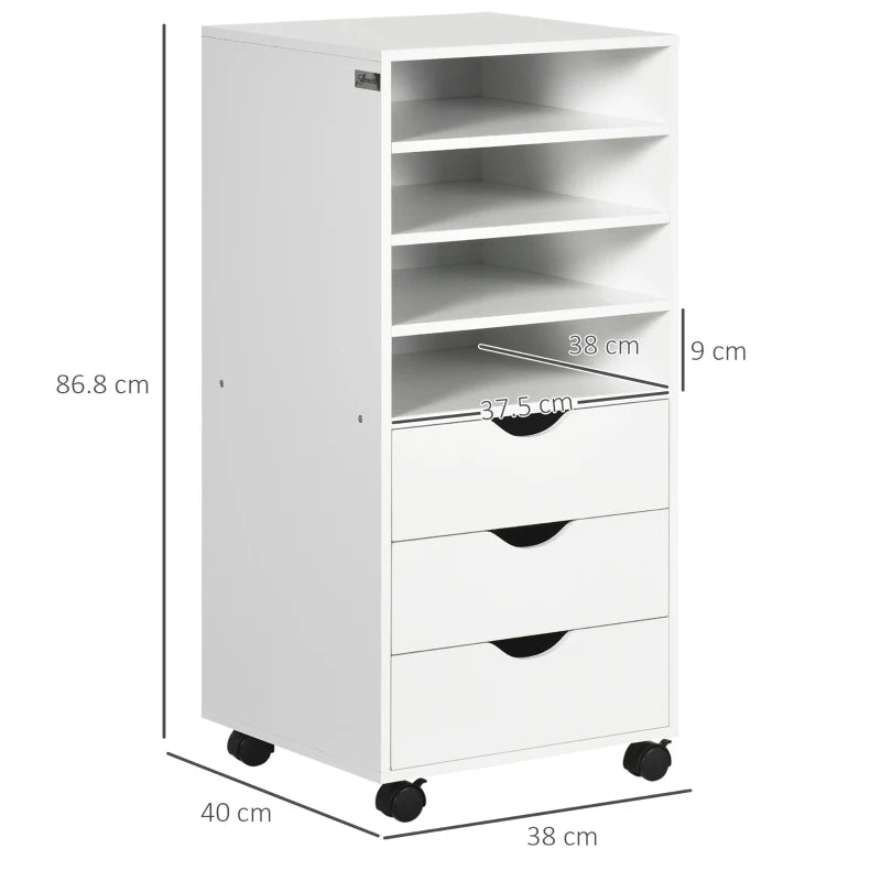 Office Drawer Unit with 4 Wheels 4 Shelves 3 Drawers, MDF Wood Document Cabinet, 38x40x86.8 cm, White