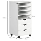 Office Drawer Unit with 4 Wheels 4 Shelves 3 Drawers, MDF Wood Document Cabinet, 38x40x86.8 cm, White