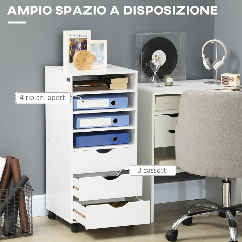 Office Drawer Unit with 4 Wheels 4 Shelves 3 Drawers, MDF Wood Document Cabinet, 38x40x86.8 cm, White