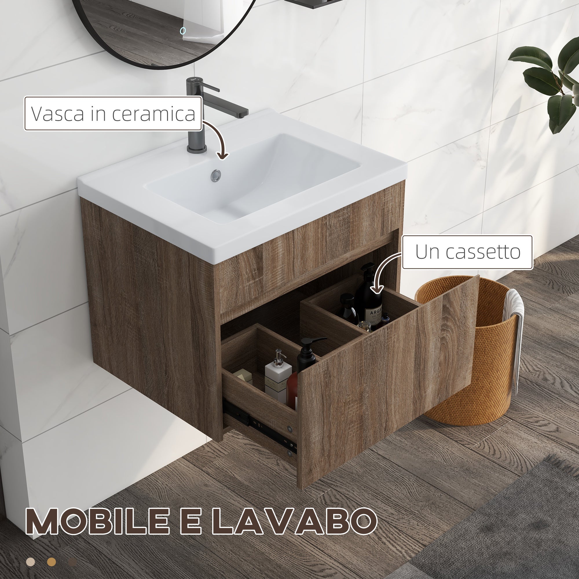 60cm Vanity Unit with Wooden Drawer and Ceramic Sink, Light Brown