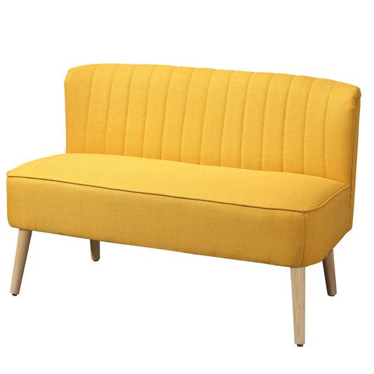 Modern 2 Seater Fabric Sofa without Armrests with Wooden Legs, 117x56.5x77 cm, Yellow