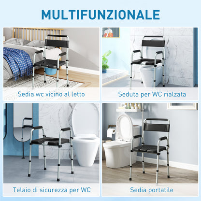 Folding and Adjustable Toilet Chair with Armrests and Backrest, Steel and PU Leather, 52.5x46x81.5-97 cm, Black