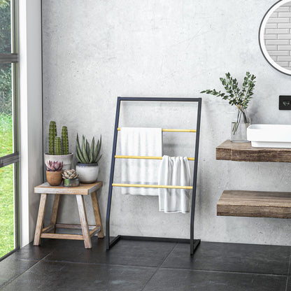 4-Bar Towel Rack in Steel and Bamboo, 60x35x102 cm, Black and Wood Color