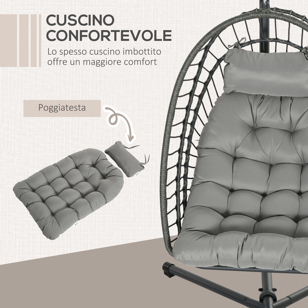 Hanging Armchair in PE Rattan with Cushion, Folding Seat and Steel Structure, Grey - Borgè