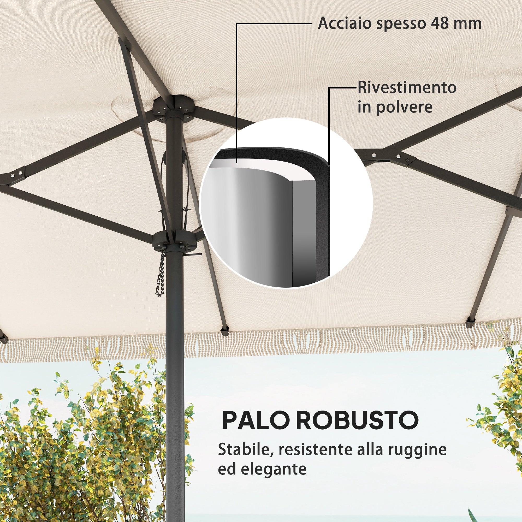Double Umbrella with 12 Ribs with Crank, in Polyester and Steel, 450x265x260 cm, Cream White