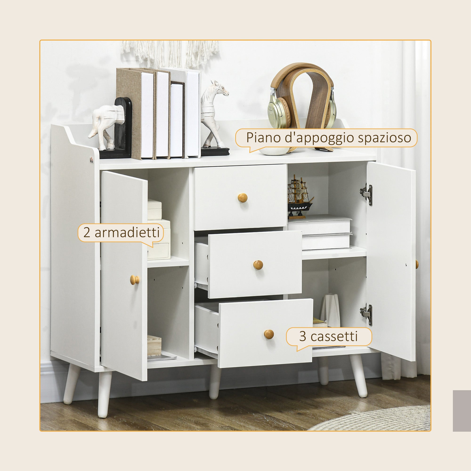 Modern Wooden Sideboard with 3 Drawers and 2 Cabinets on 2 Levels, 90x32x80 cm, White