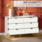 HOMCOM Chest of 6 Drawers with Laminate Handles, in Pine Wood, 120x40x76 cm, White and Wood Color - Borgè