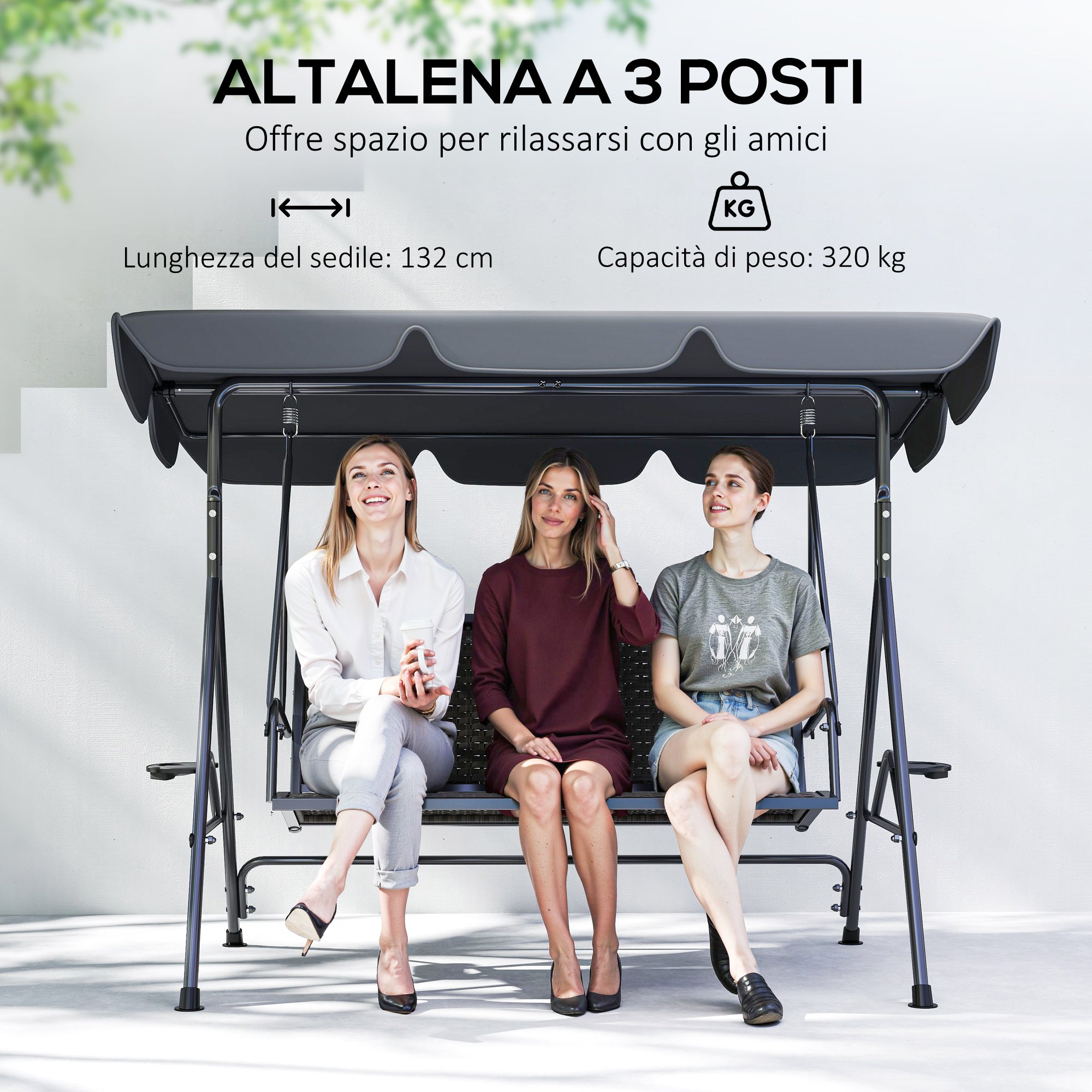 Outsunny 3-Seater Garden Swing in PE Rattan and Steel with Canopy and Cup Holder, 204x112x150 cm, Grey
